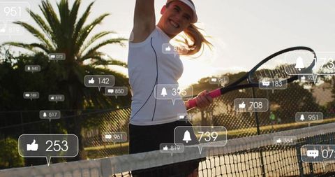 Energetic Tennis Player Celebrating Victory on Court at Sunset