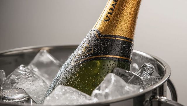 Sparkling wine bottle chilling in ice bucket with condensation and golden foil elegance
