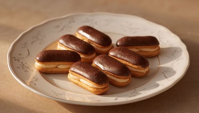 Porcelain plate displaying chocolate-glazed eclairs with vanilla cream and gold floral rim