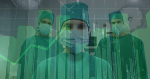 Surgeons Analyzing Medical Data with Bar Charts Overlay