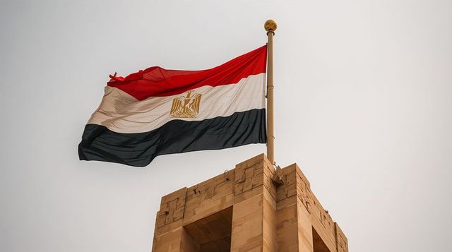 Egyptian flag flying over stone monument with golden eagle emblem, waving dramatically