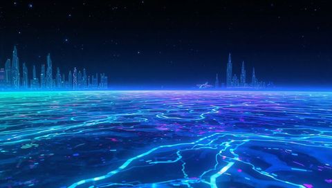 Neon Ocean Grid Pulsing with Cyber Circuit Lights under Futuristic City Skyline