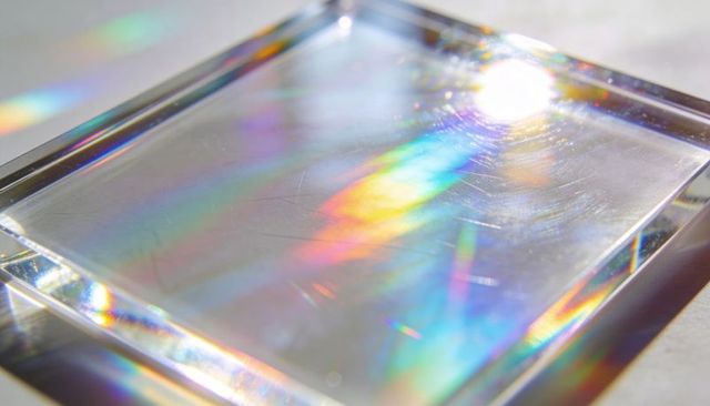 Prismatic glass block casting vivid rainbow refraction on white tabletop with glare