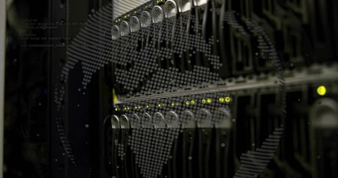 Data center servers with world map overlay for global network connectivity