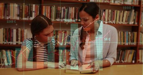 Library tutoring session with student and mentor overlaid with data charts and graphs