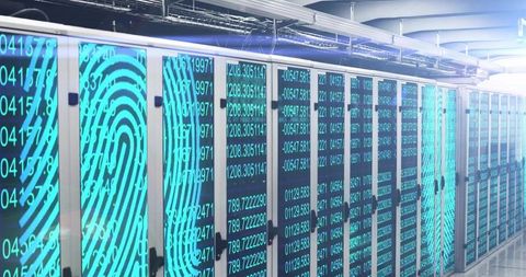 Futuristic data center racks displaying biometric fingerprint graphics with glowing code