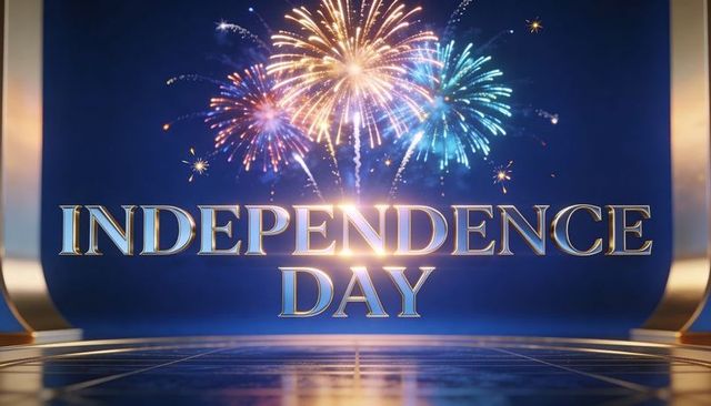 Glowing gold independence day title with fireworks on cinematic night stage