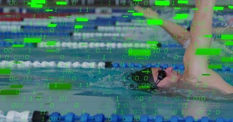 Backstroking swimmer with green binary code overlay in race pool blending sport and tech