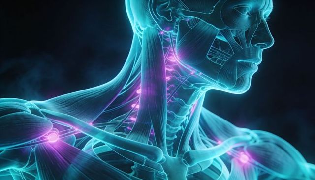3D Medical Illustration of Cervical Musculature and Neural Pathways with Luminescent Nodes