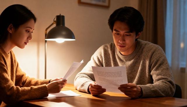 Couple reviewing home finances together at night under warm desk lamp, cozy knit sweaters