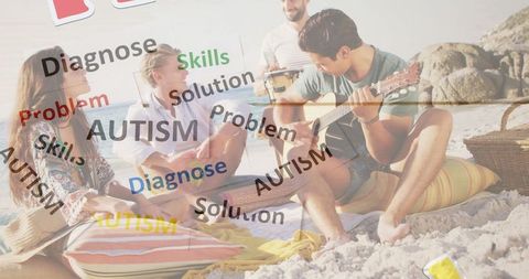 Summer Beach Gathering with Autism Awareness Concepts Overlay