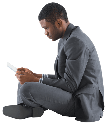 Business professional sitting seamlessly holding tablet