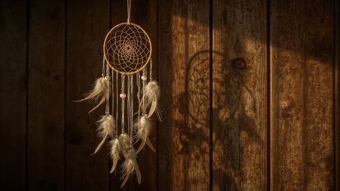 A Decorative Dreamcatcher Casting Shadow on Rustic Wooden Wall