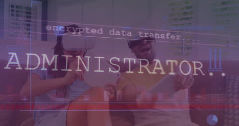 Couple Using VR Headsets with Virtual Data Overlay Digital Futuristic Concept