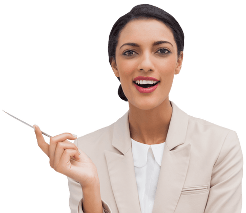Transparent Smiling Businesswoman Holding Pen in Hand