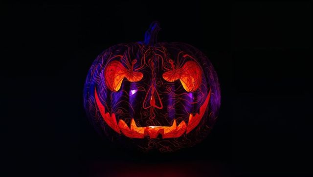 Glowing carved pumpkin with mystical swirl patterns