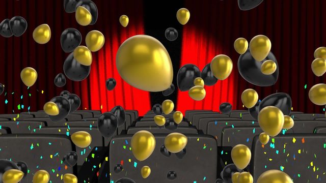 This vibrant and festive scene features black and gold balloons floating amidst colorful confetti in what appears to be a cinema theater. Rows of seats and vivid red curtains behind them suggest readiness for an event or celebration. Ideal for use in event marketing and advertising for cinema events, parties, or presentations. It conveys themes of joy, celebration, and entertainment.