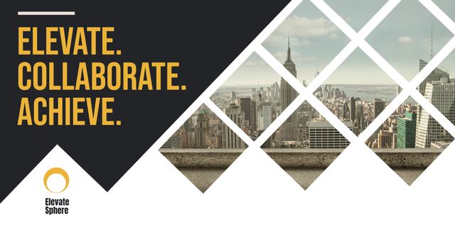 Motivational slogans 'Elevate. Collaborate. Achieve.' over a cityscape background suggest teamwork and corporate growth. Suitable for business presentations, promotional materials, corporate websites, and motivational posters.