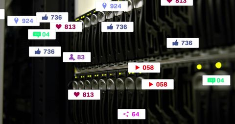 Social Media Engagement Icons Overlapping Computer Servers - Download Free Stock Images Pikwizard.com