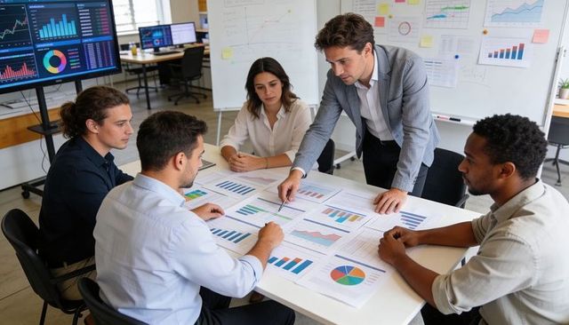 Business team analyzing financial charts and dashboards around conference table for strategy meeting