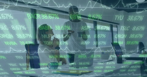 Dynamic Stock Market Data Overlay on Colleagues in Office Discussion