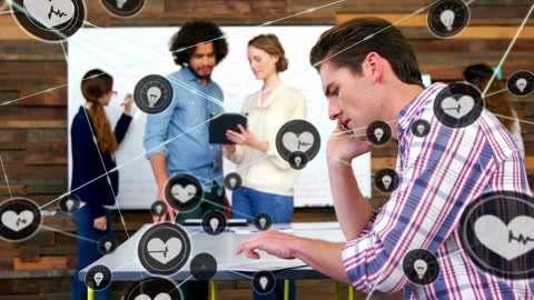Businessman on Smartphone with Digital Network Icons in Modern Office