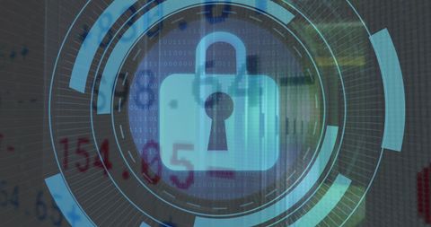 Cybersecurity Lock Icon on Digital Interface with Stock Data - Download Free Stock Images Pikwizard.com