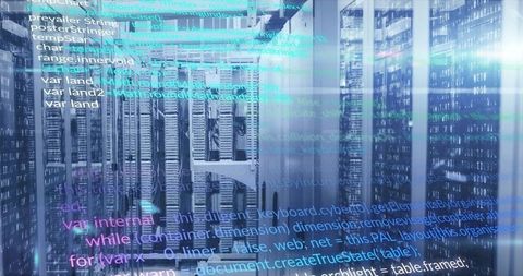 Teal code overlay visualizing data flow in server rack aisle for cloud infrastructure