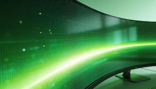 Curved ultrawide monitor displaying neon green energy wave glowing futuristic workspace