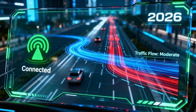 Displaying 2026 ar hud traffic visualization over neon urban highway night driving