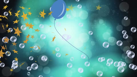 Floating Blue Balloon and Gold Stars on Bokeh Lights Background