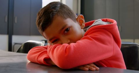 Young Boy in Classroom Wearing Red Sweatshirt - Download Free Stock Images Pikwizard.com