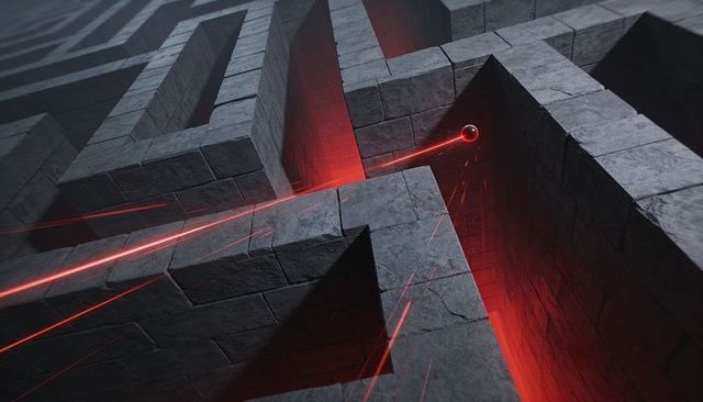 Racing Neon Orb Navigating Stone Labyrinth with Red Laser Trail and Cinematic Glow