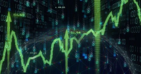 Neon Green Financial Line Chart Over Binary Code and Wireframe Globe for Data Analytics