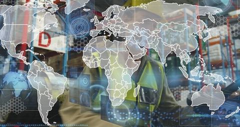 worker in warehouse with global digital overlay representing supply chain connectivity - Download Free Stock Images Pikwizard.com