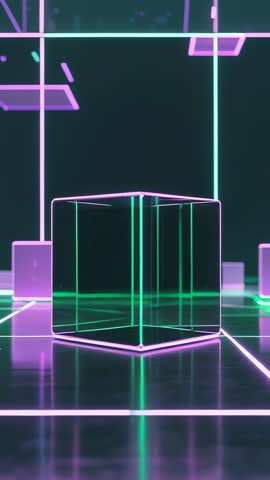 Vertical Neon Cube Floating on Reflective Grid in Futuristic 3D Room Looping Tech Video