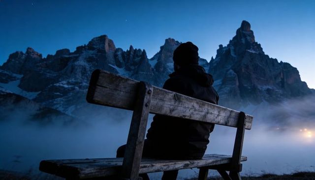 Sitting hiker watching jagged alpine peaks from wooden bench at twilight with valley fog