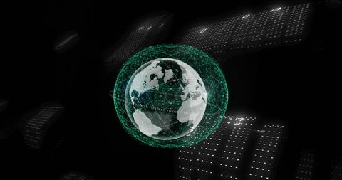 Binary network encircling rotating earth against hypnotic blackscape