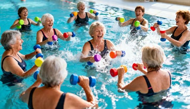 Senior women enjoying water aerobics class with colorful foam dumbbells for active aging