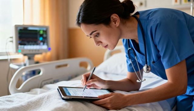 Nurse documenting patient notes on tablet at hospital bedside in blue scrubs