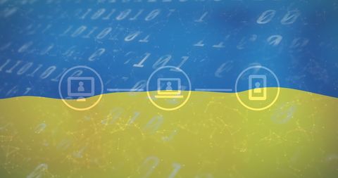 Digital connections over ukrainian flag with binary code