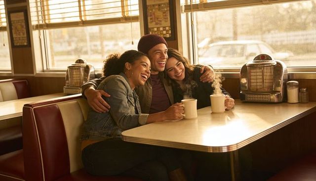 Friends sharing coffee and laughter in retro diner booth bathed in golden morning light