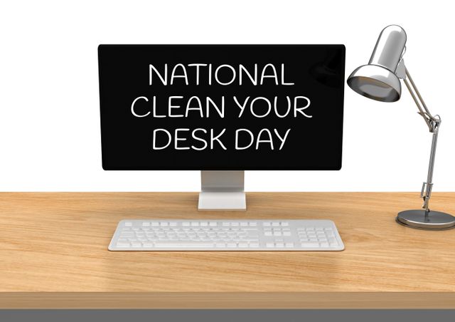 Vector image of national clean your desk day text on computer against white background, copy space. national clean your desk day, business and self awareness concept.