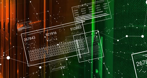 Digital Network Animation Overlaying Data Center Servers