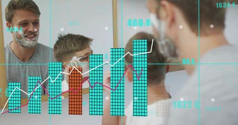 Smiling father guiding young son applying shaving cream at bathroom mirror with data overlay