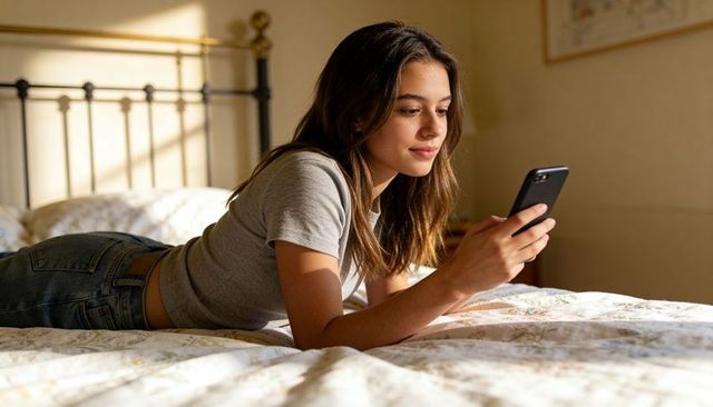 Young woman lying on bed scrolling smartphone relaxing in sunlit cozy bedroom