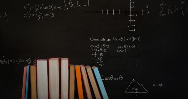 This stock photo showcases a row of colorful books placed in front of a black chalkboard filled with mathematical equations and graphs. It is an excellent resource for educational materials, advertisements for online courses, marketing for learning centers, illustrations for math articles, and promotion of study tools.