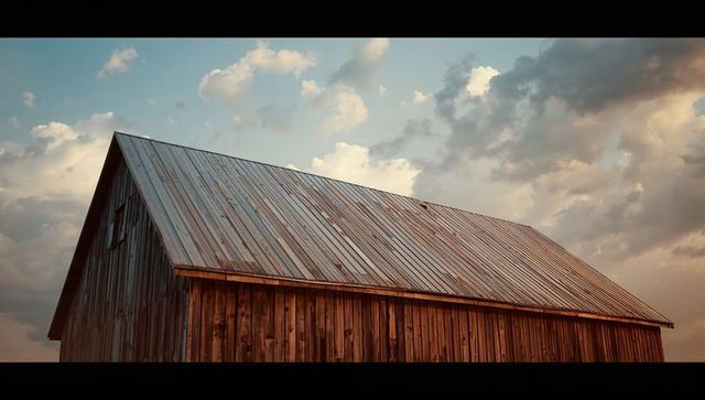 Rustic Wooden Barn Against Summer Sky in Serene Countryside