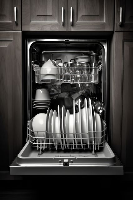 Interior of dishwasher packed with dishes with door open, created using generative ai technology. Dishwashing and kitchen appliances in black and white concept digitally generated image.