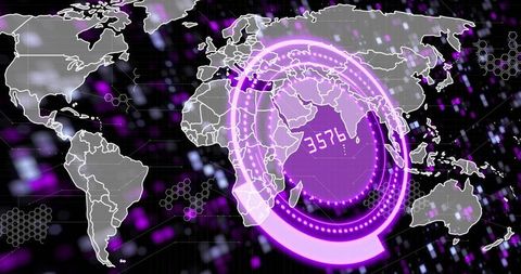 Neon Purple HUD Overlay on Global Map with Holographic Data Readouts and Analytics
